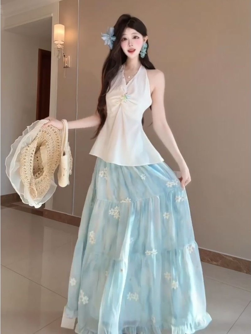 Midi Skirt Floral - 프렌치 리비에라 휴가 스타일 해변풍 플로럴