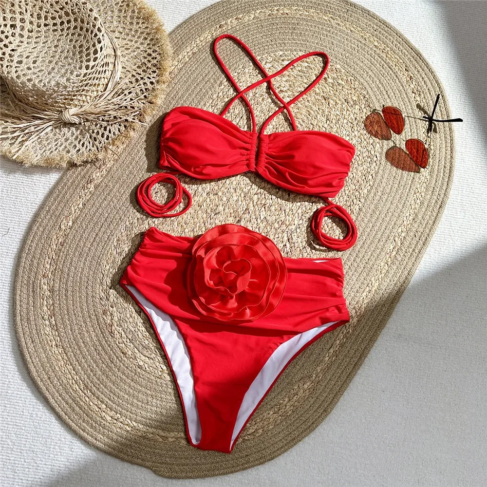 Swimsuit Bikini Ruched - 섹시한 빨간색 3D 꽃 수영복 Halter