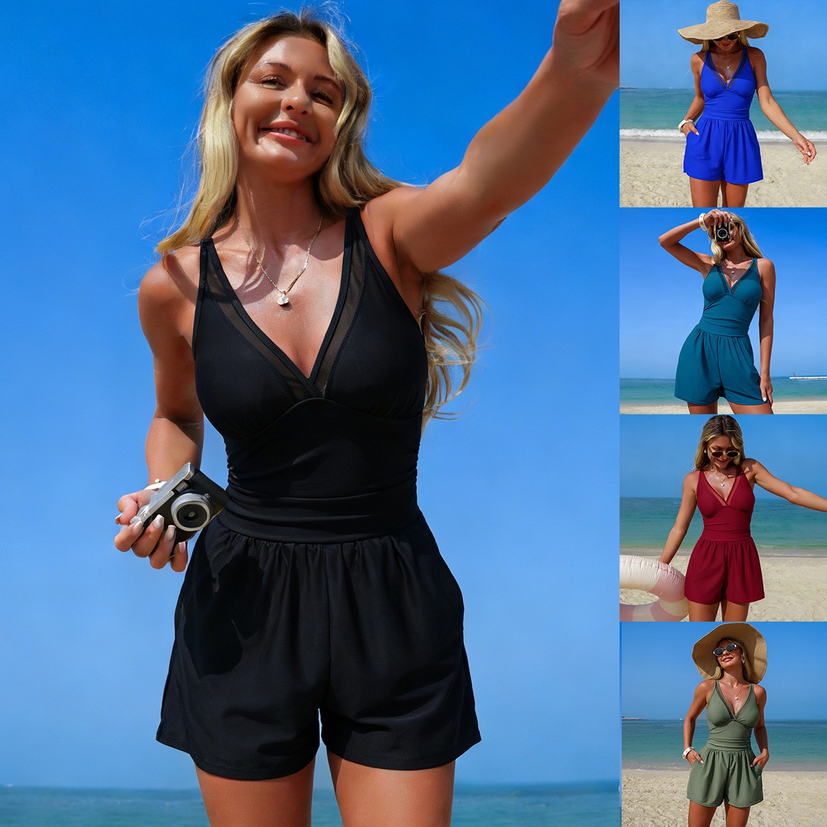 Swimsuit Bikini Ruched - 블랙 솔리드 컬러 민소매 V넥 수영복,