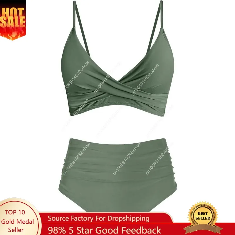 Swimsuit Bikini Ruched - 여성용 하이웨이스트 비키니 세트 푸쉬업 트위스트