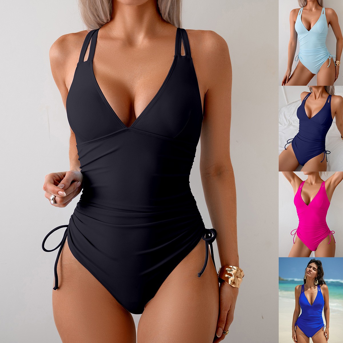 Swimsuit Bikini Ruched - 솔리드 블랙 수영복 V넥 러치드 웨이스트