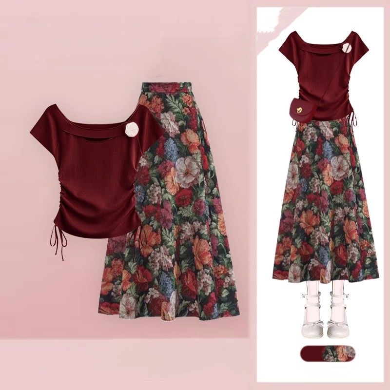 Midi Skirt Floral - 여성 행운의 와인 레드 티셔츠 플로럴