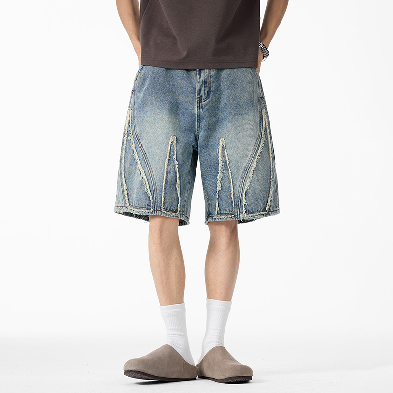Shorts Denim Frayed - 남성용 배기 데님 반바지, 로우 엣지