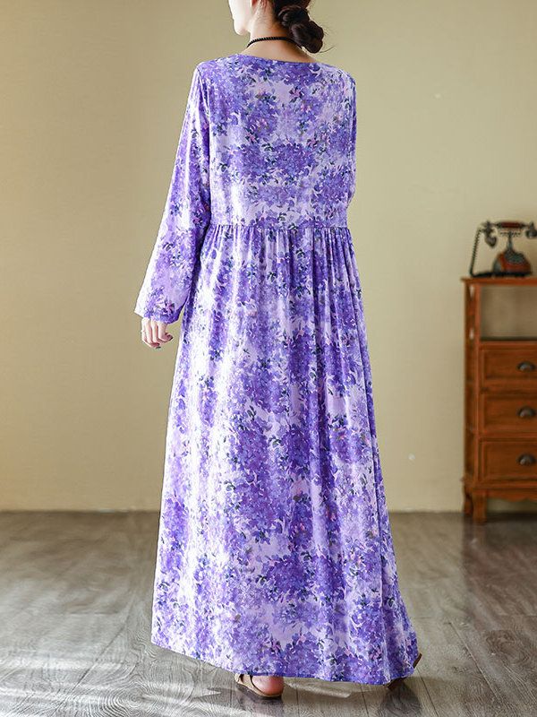 봄 신상 라운드넥 롱 원피스 퍼플 플라워 프린트 휴가  - Linen Dress Wrap 리뷰 및 가격