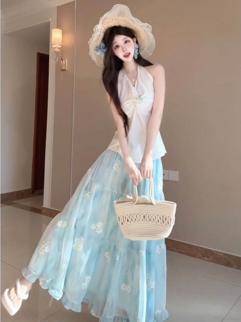 프렌치 리비에라 휴가 스타일 해변풍 플로럴 프린트 투피 - Midi Skirt Floral 리뷰 및 가격
