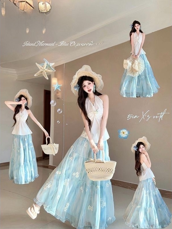 프렌치 리비에라 휴가 스타일 해변풍 플로럴 프린트 투피 - Midi Skirt Floral 리뷰 및 가격