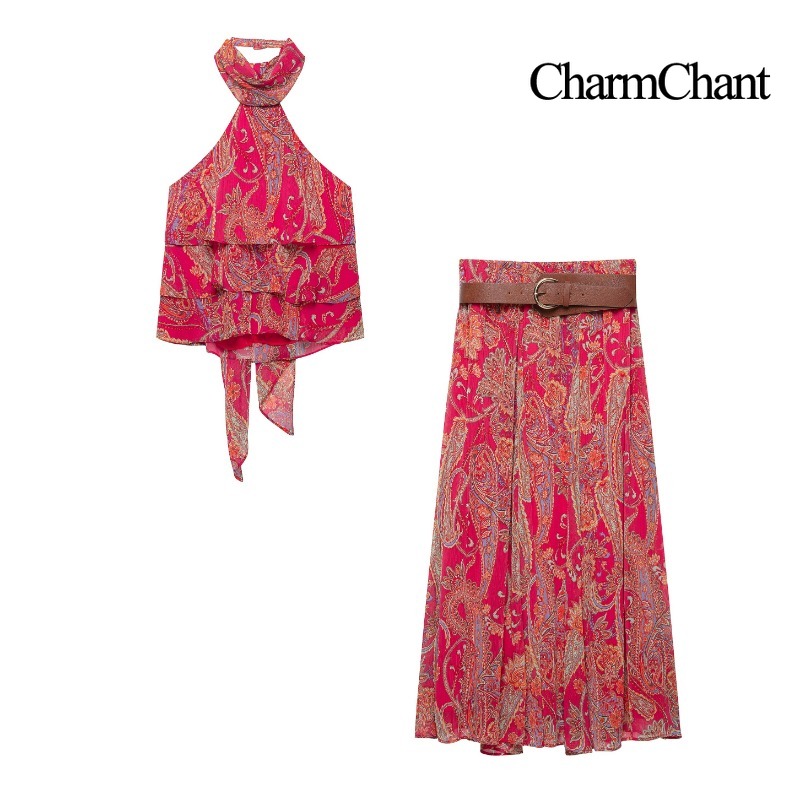 CHARMCHANT 여성용 페이즐리 프린트 홀터넥 러플 - Midi Skirt Floral 리뷰 및 가격