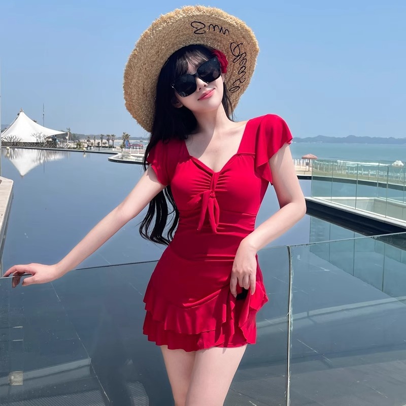 여성용 레드 V 넥 스커트 원피스 수영복 반팔 프론트  - Swimsuit Bikini Ruched 리뷰 및 가격