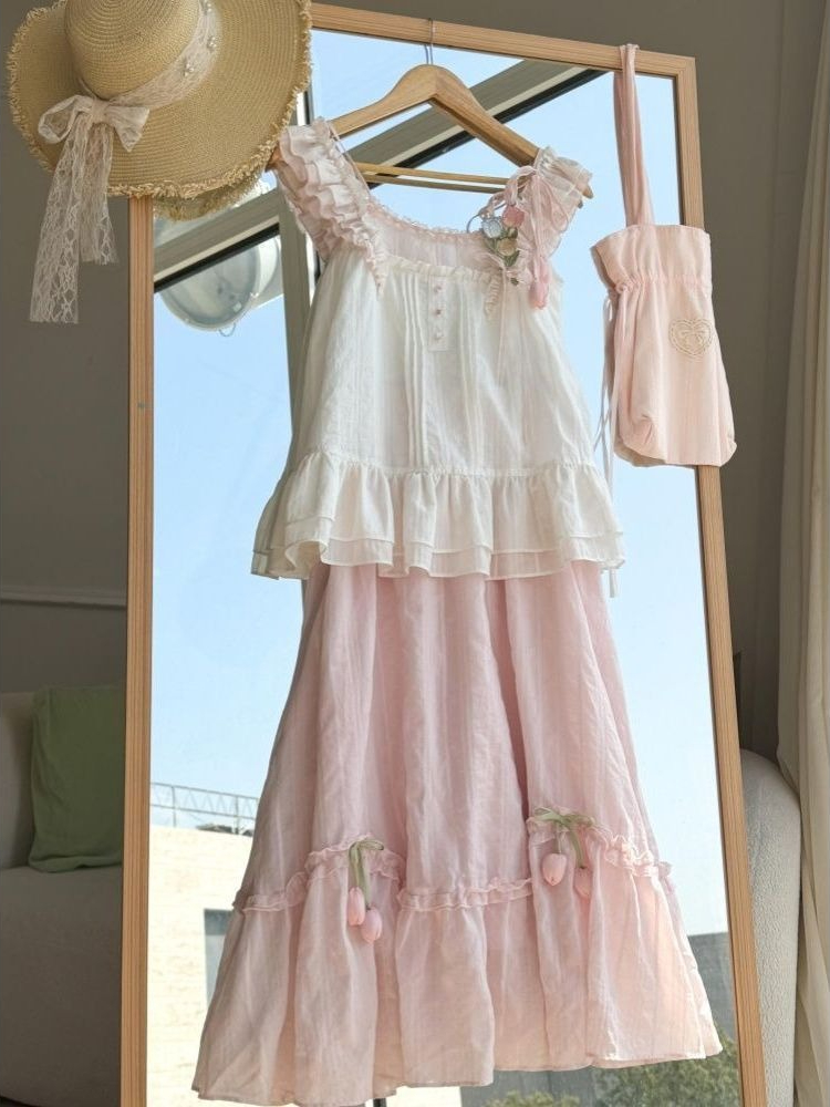 Sweet Kawaii Ruffle Trim 튤립 장식 - Midi Skirt Floral 리뷰 및 가격